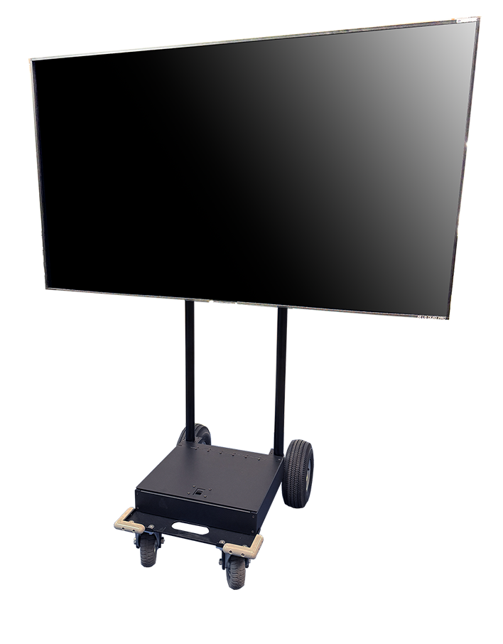 Large flat-screen TV on a mobile stand with wheels on a white background