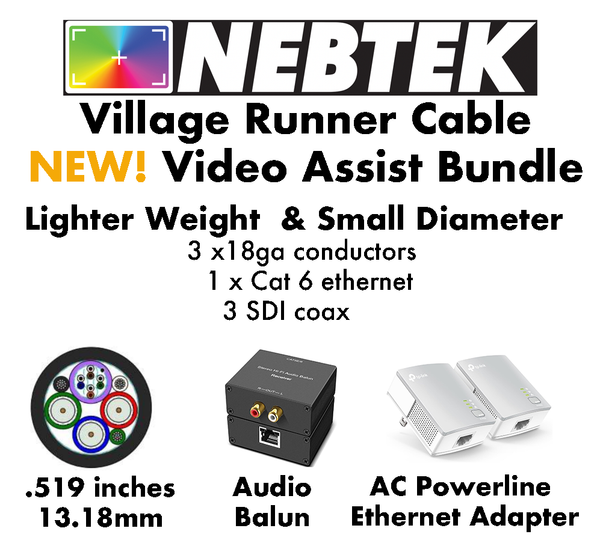Village Runner Cable - Video Assist Bundle 100 foot with Audio Balun and AC Powerline adapters.